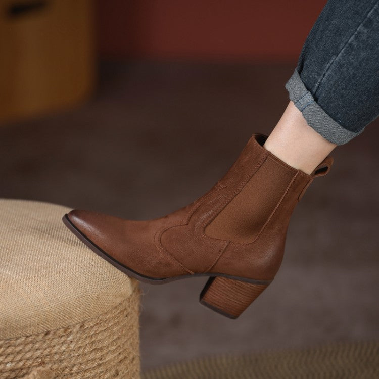 Bottes Femme Rétro Pointues à Cheville avec Bande Élastique et Talon Épais