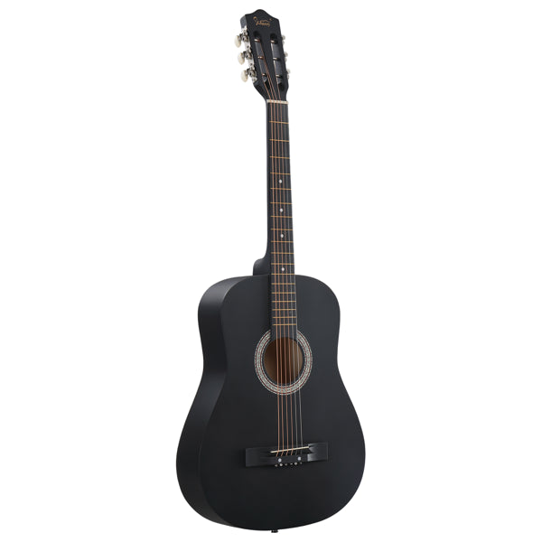 Guitare acoustique ronde noire mate de 38 pouces avec médiators, cordes, capo, étui, accordeur et sangle