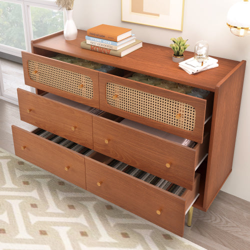 Rattan Sideboard Cabinet For Living Room, Chest Of Drawers With 6 Drawers, Walnut -40D X 120W X 90H Centimetres