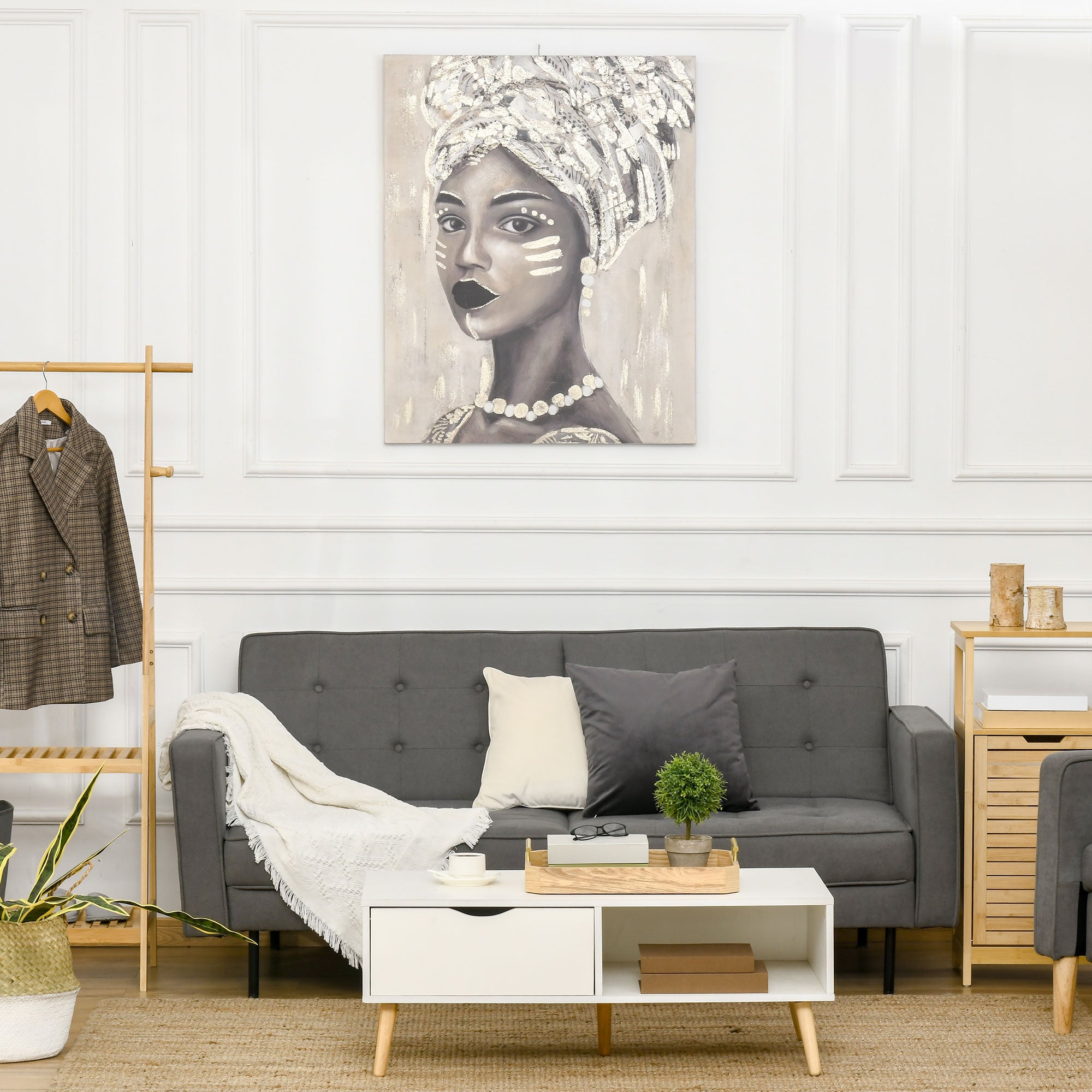 Art mural sur toile peint à la main pour salon chambre, peinture femme africaine dorée, 39,25" x 31,5"