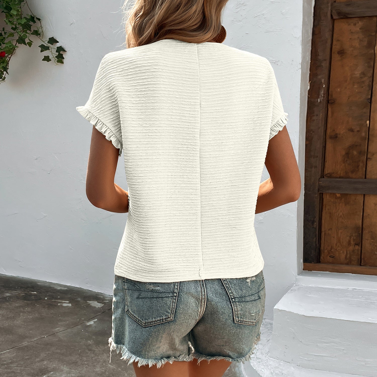 Haut décontracté pour femme en maille, col rond, manches à volants, élégant