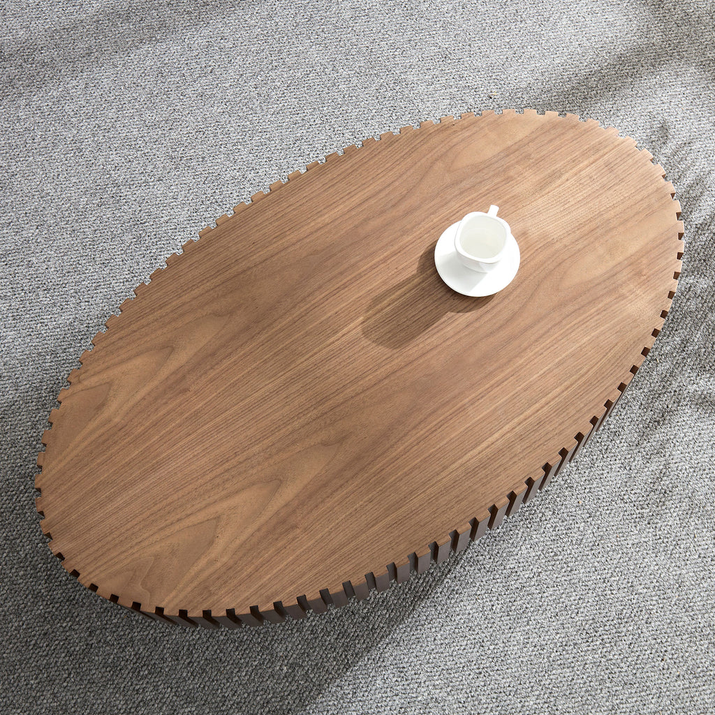 Modern Handcraft Drum Coffee Table Length 43.7 Inch Ellipse Coffee Table For Living Room,Oval Small Coffee Table With Sturdy Pedestal,Walnut MDF