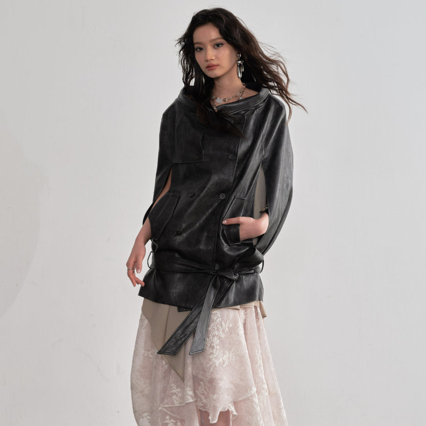 Cape-Veste style manteau en cuir PU marron ébène pour un look audacieux