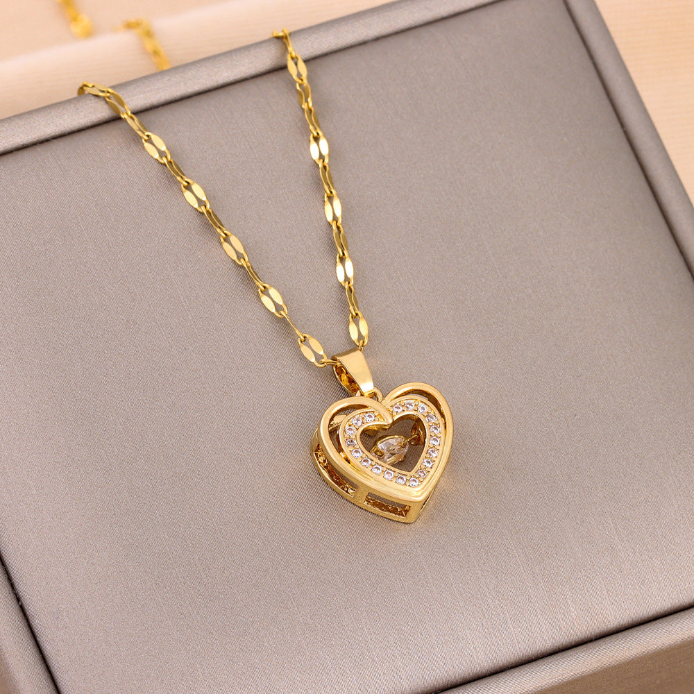 Collier d'Amour Double-Couche avec Pendentif en Acier Titane et Strass Éclatants