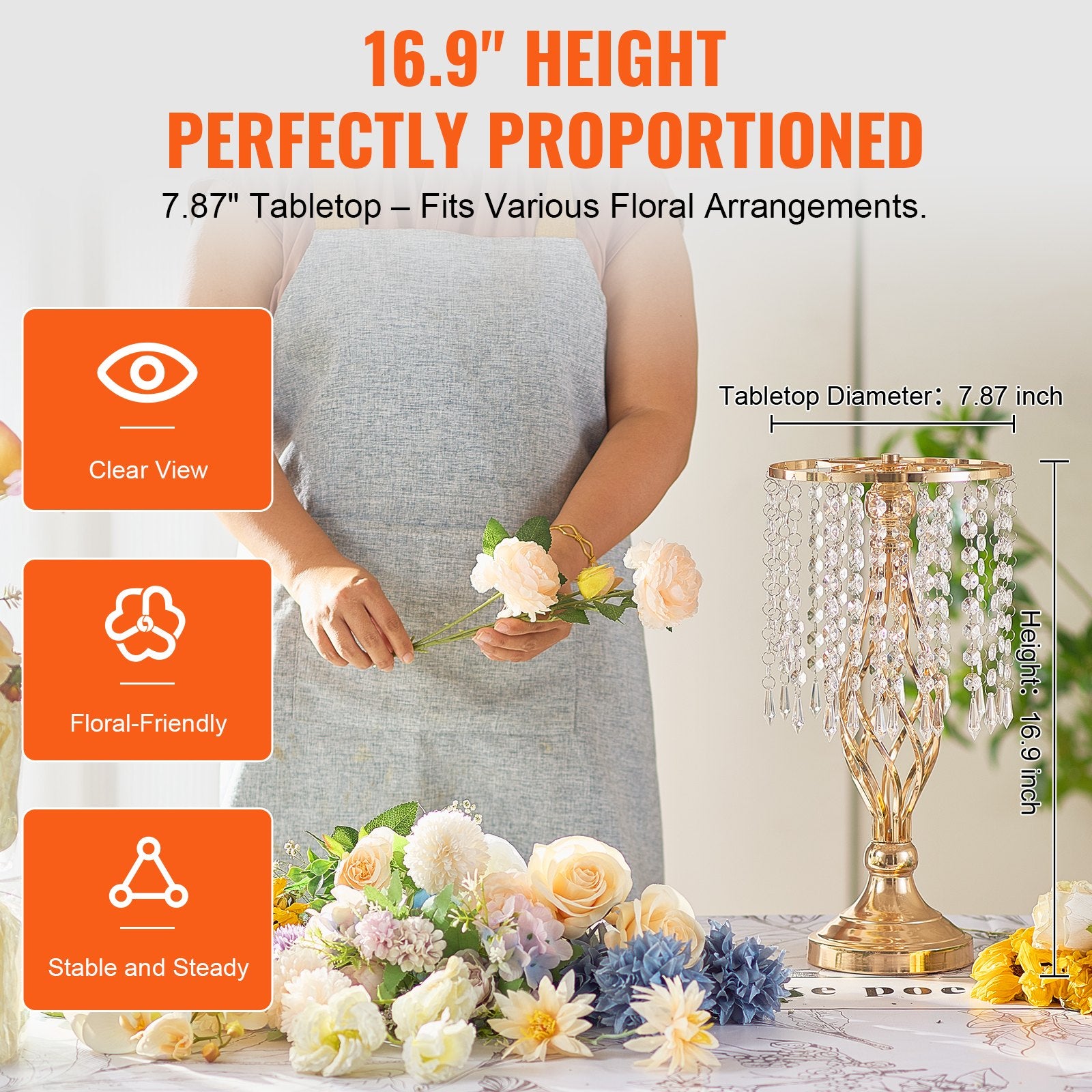 20pièces Support de fleurs en cristal doré de 43 cm / 16,9 po, Support de centre de table en métal pour mariage et décor de fête