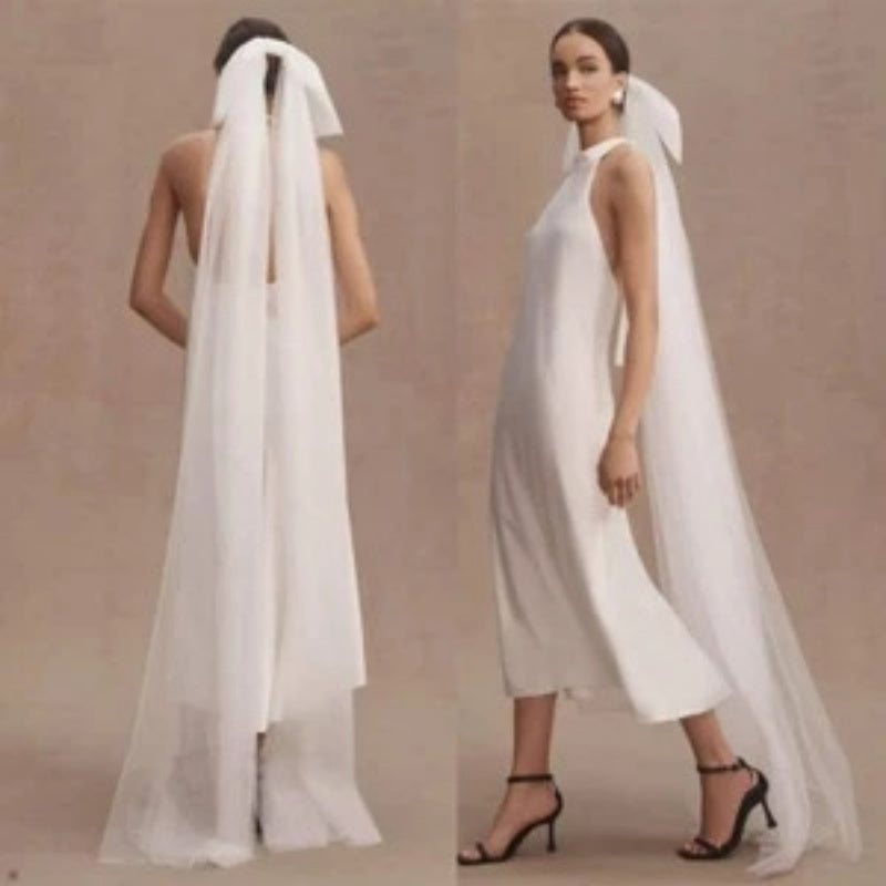 Voile de Mariée Minimaliste Blanc Double Couche en Tulle avec Nœud Décoratif