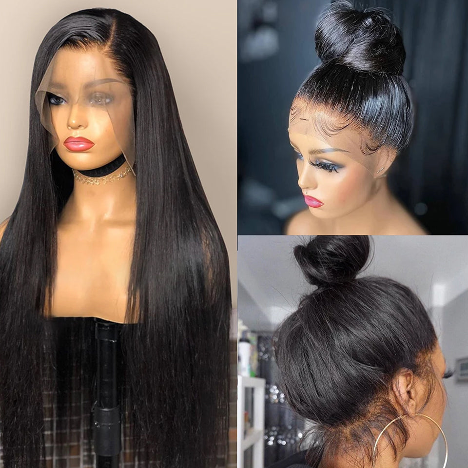 Ensemble Perruque en Cheveux Naturels avec Dentelle, Lisse, Noire, Mi-Longue