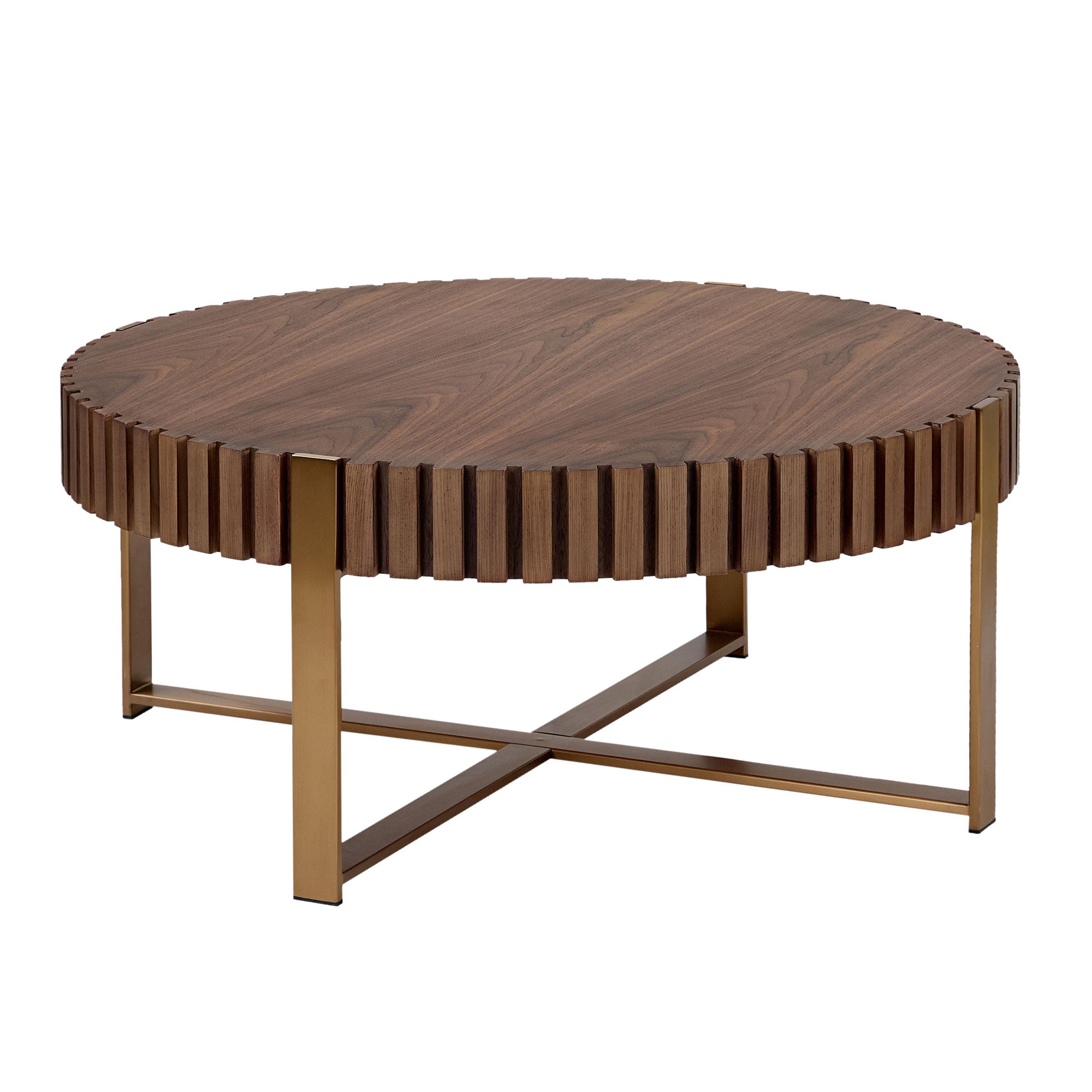 Table basse ronde moderne artisanale en forme de tambour de 31,5 pouces pour le salon, petite table basse avec pied robuste en noyer