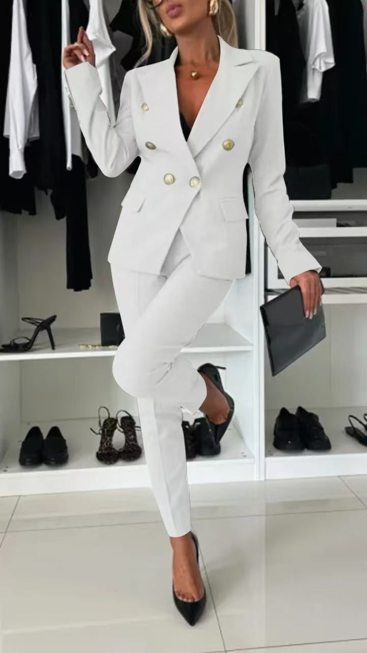 Nouveau ensemble bureau femme : veste boutonnée col revers et pantalon slim casual