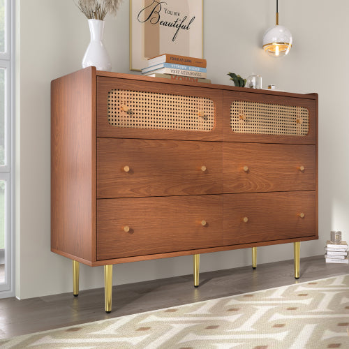Rattan Sideboard Cabinet For Living Room, Chest Of Drawers With 6 Drawers, Walnut -40D X 120W X 90H Centimetres