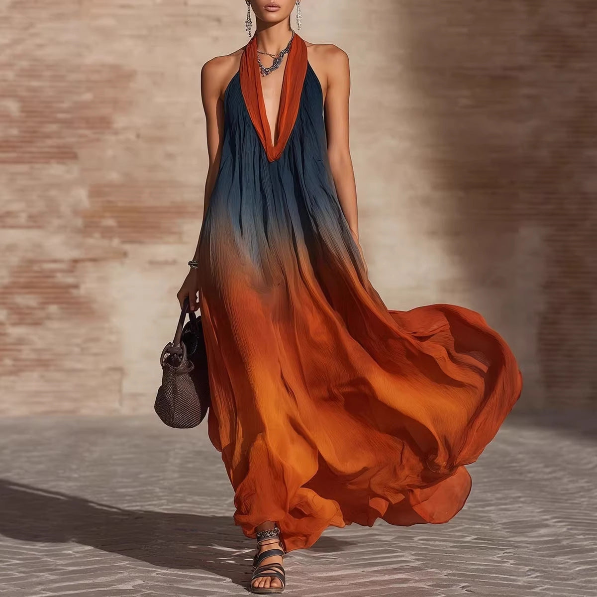 Robe longue sans manches à imprimé floral européen et américain pour vacances