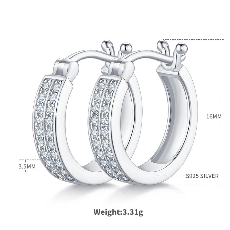 Boucles d'oreilles créoles doublées moissanite 16mm argent S925 3,3g, plaquées platine, fermoir charnière, certificat GRA, coffret cadeau femme