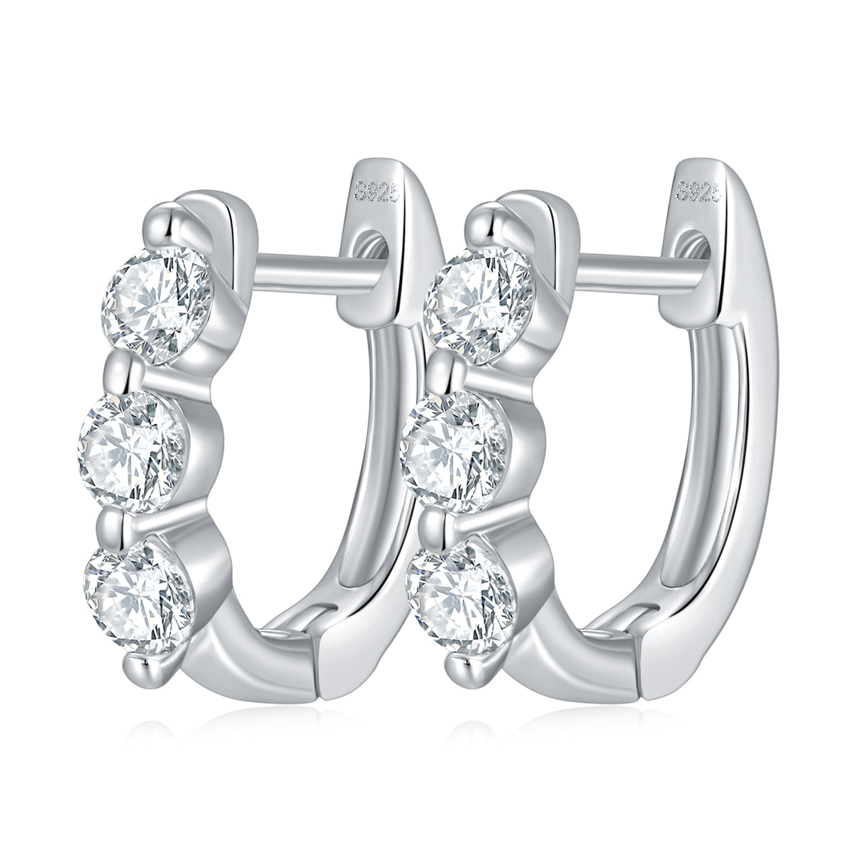 Boucles d'oreilles créoles S925 en argent sterling à 3 pierres Moissanite rondes plaquées platine