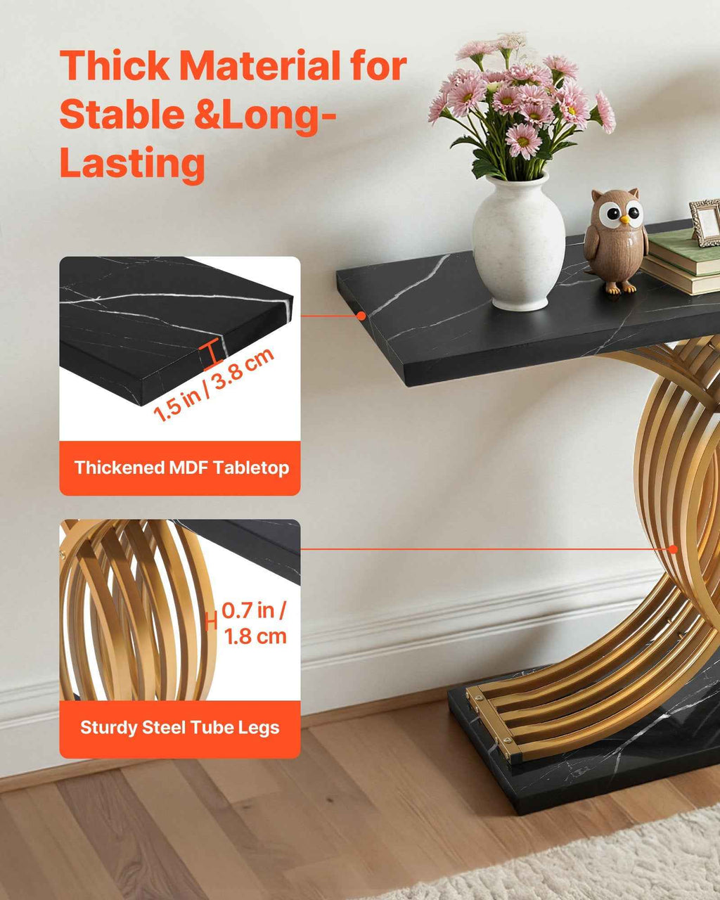 Table Console Dorée de 39 Pouces, Bureau Moderne Derrière le Canapé, Bureau Rectangulaire en Bois pour l'Entrée, Table Accent Longue et Étroite avec Pieds en Métal pour Hall, Chambre, Salon, Foyer, Assemblage Facile - IVOIRART.COM