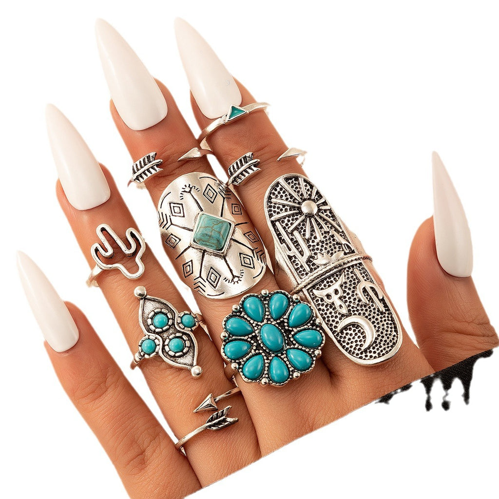 Ensemble de 9 bagues turquoise ouvertes