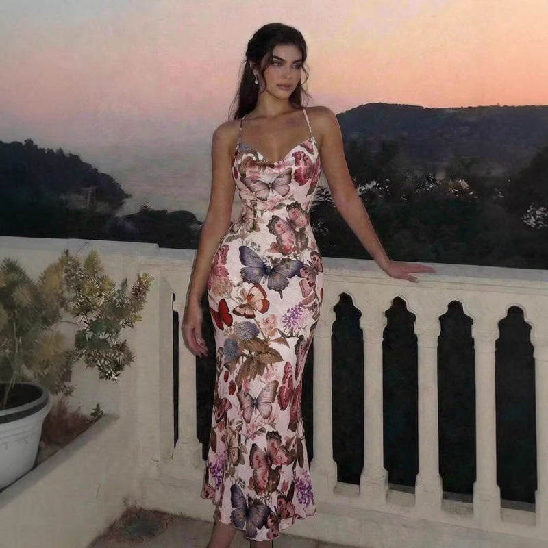 Robe Midi Élégante à Imprimé Floral, Col Halter et Queue de Poisson, Dos Nu