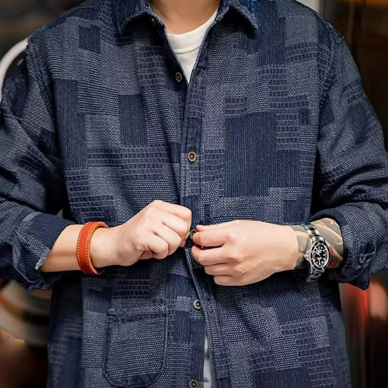 Chemise en denim à manches longues avec surpiqûres à carreaux, style décontracté