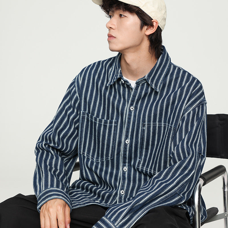 Chemise en jean rayée délavée à manches longues style rétro ample unisexe