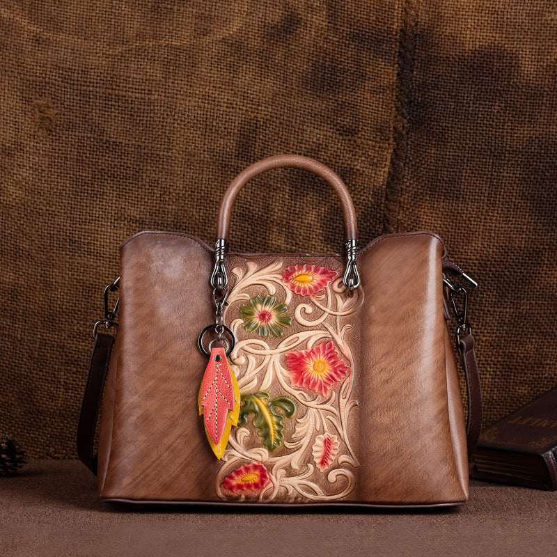 Grand sac fourre-tout vintage en cuir véritable embossé patiné simple et spacieux