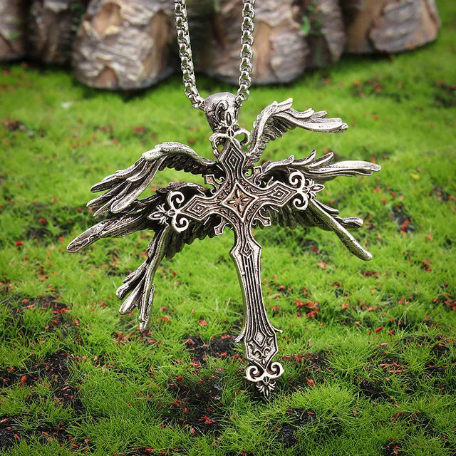 Pendentif Croix avec Ailes d'Ange Six Ailes en Argent Vintage