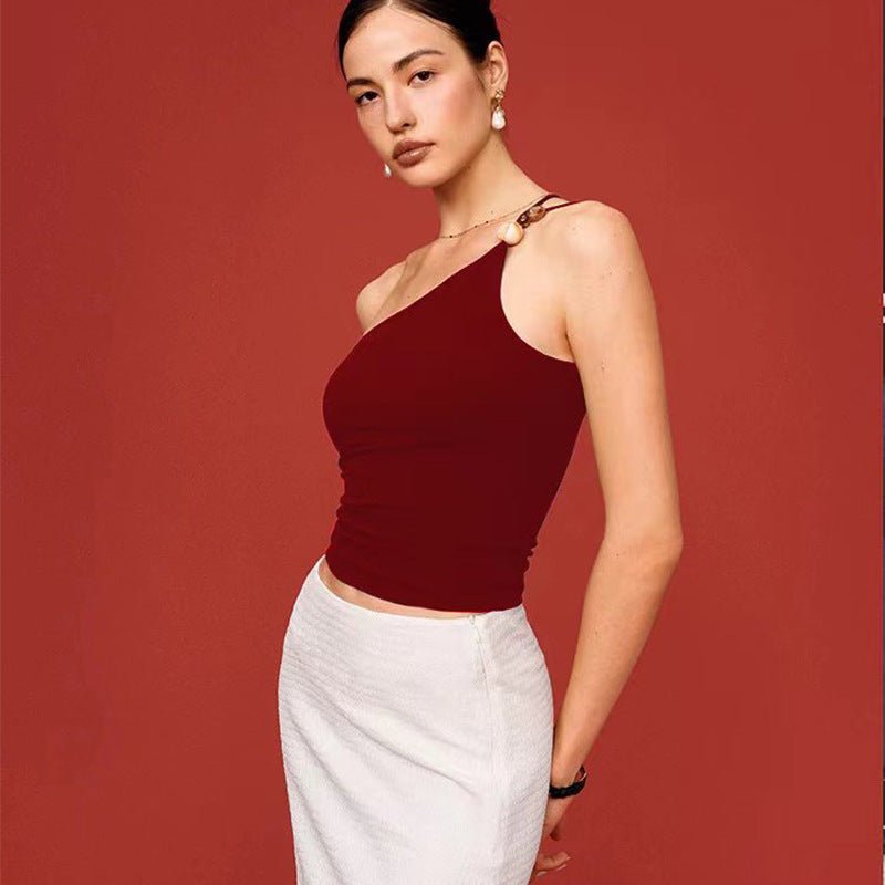 Débardeur de yoga asymétrique à bretelle unique avec accents de pierres brillants - IVOIRART.COM