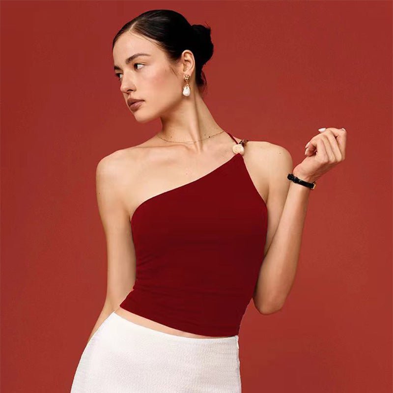 Débardeur de yoga asymétrique à bretelle unique avec accents de pierres brillants - IVOIRART.COM