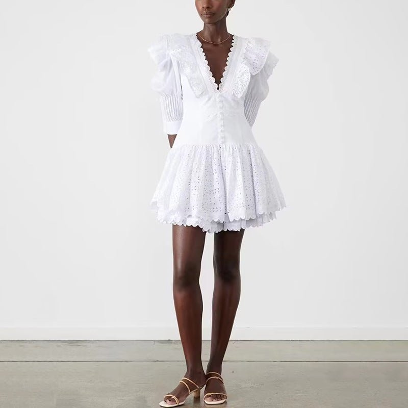 Design Sense Flounced V-neck High Sense High-waisted Skirt - IVOIRART.COM
