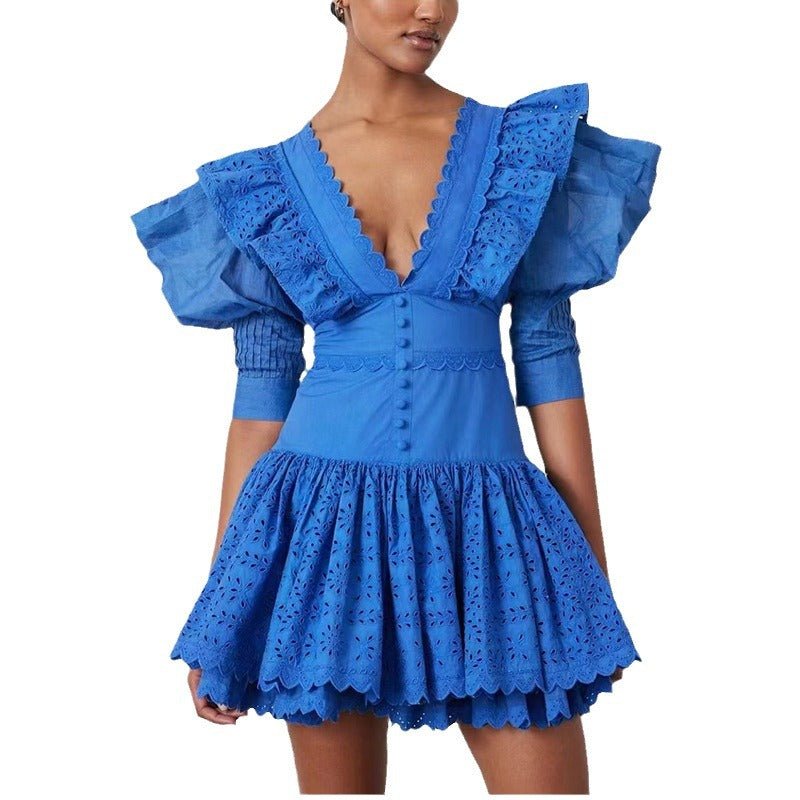Design Sense Flounced V-neck High Sense High-waisted Skirt - IVOIRART.COM