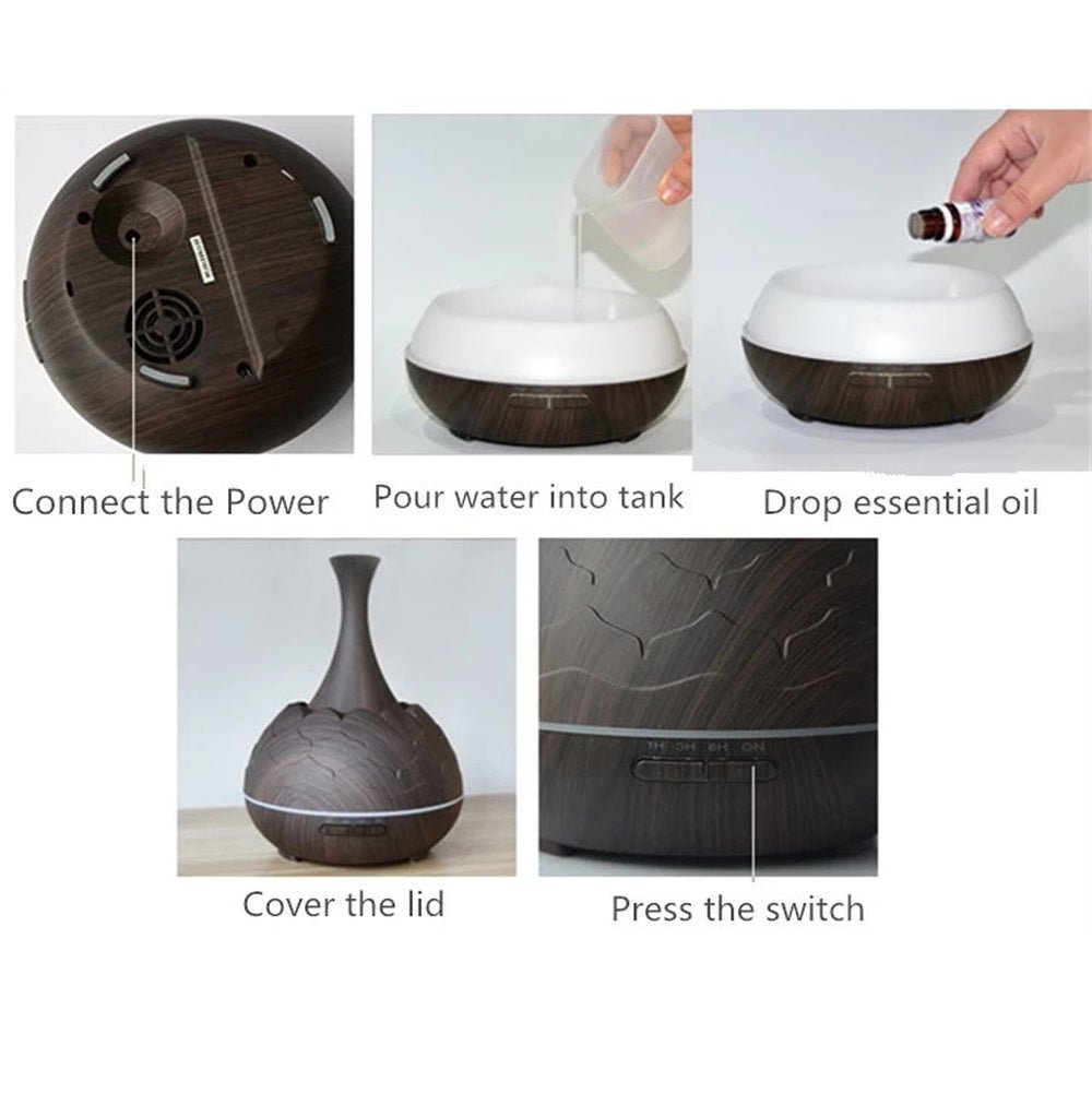 Diffuseur d'arômes motif bois XD806 · 400ML · LED multicolore · Minuterie 1/3/6H - IVOIRART.COM