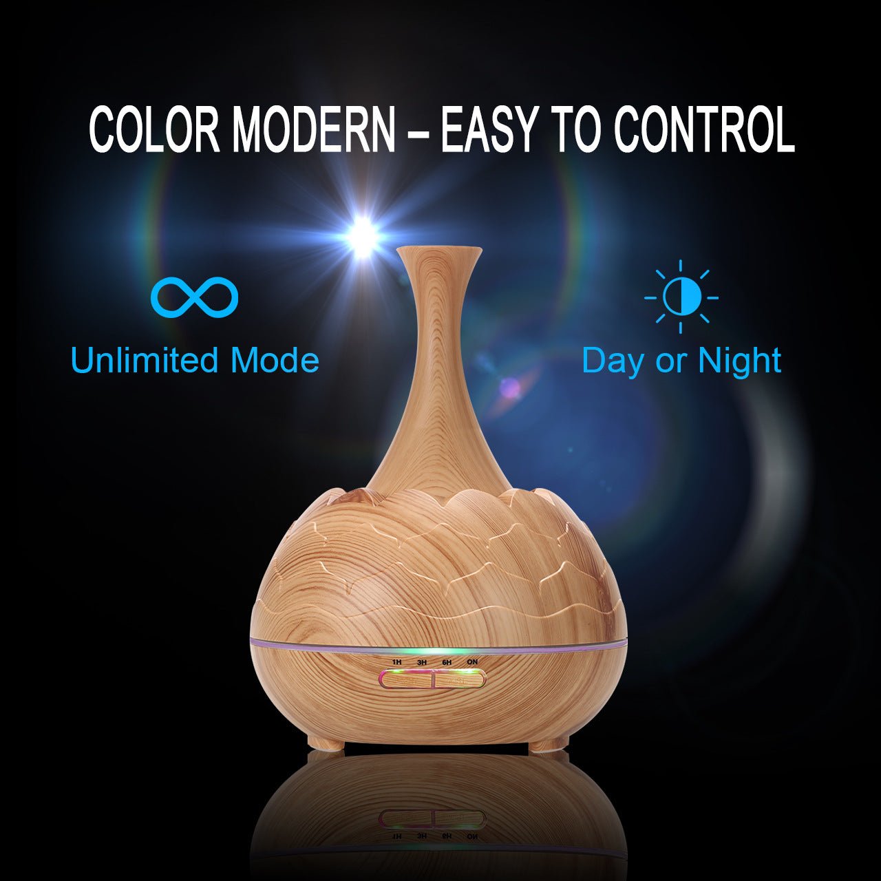 Diffuseur d'arômes motif bois XD806 · 400ML · LED multicolore · Minuterie 1/3/6H - IVOIRART.COM