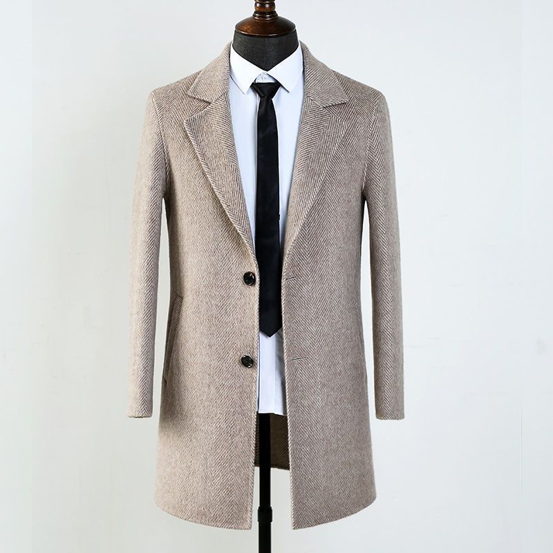 Double-faced Woolen Goods Wool Overcoat Mid-length Herringbone Pattern Handsome Jacket - IVOIRART.COM