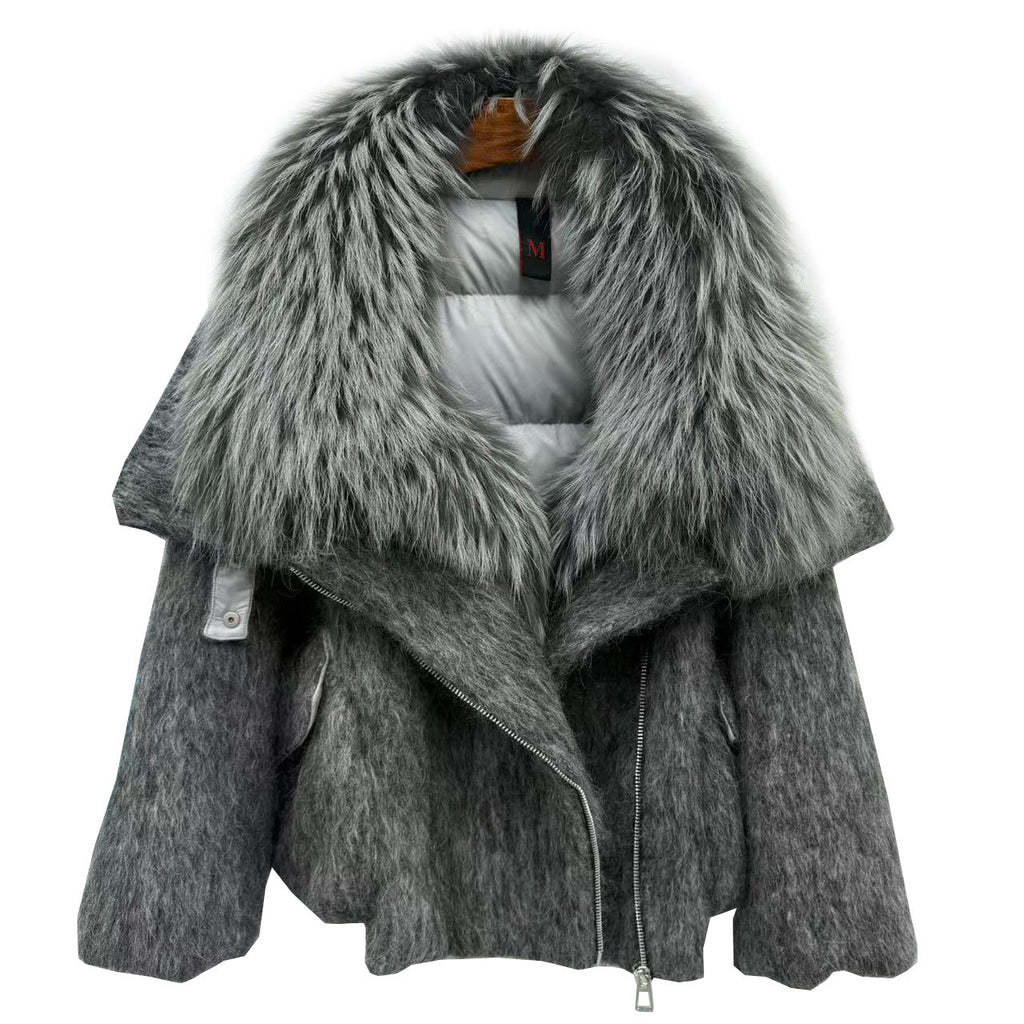 Doudoune femme avec luxueuse fourrure de cachemire et col en raton laveur pur - IVOIRART.COM