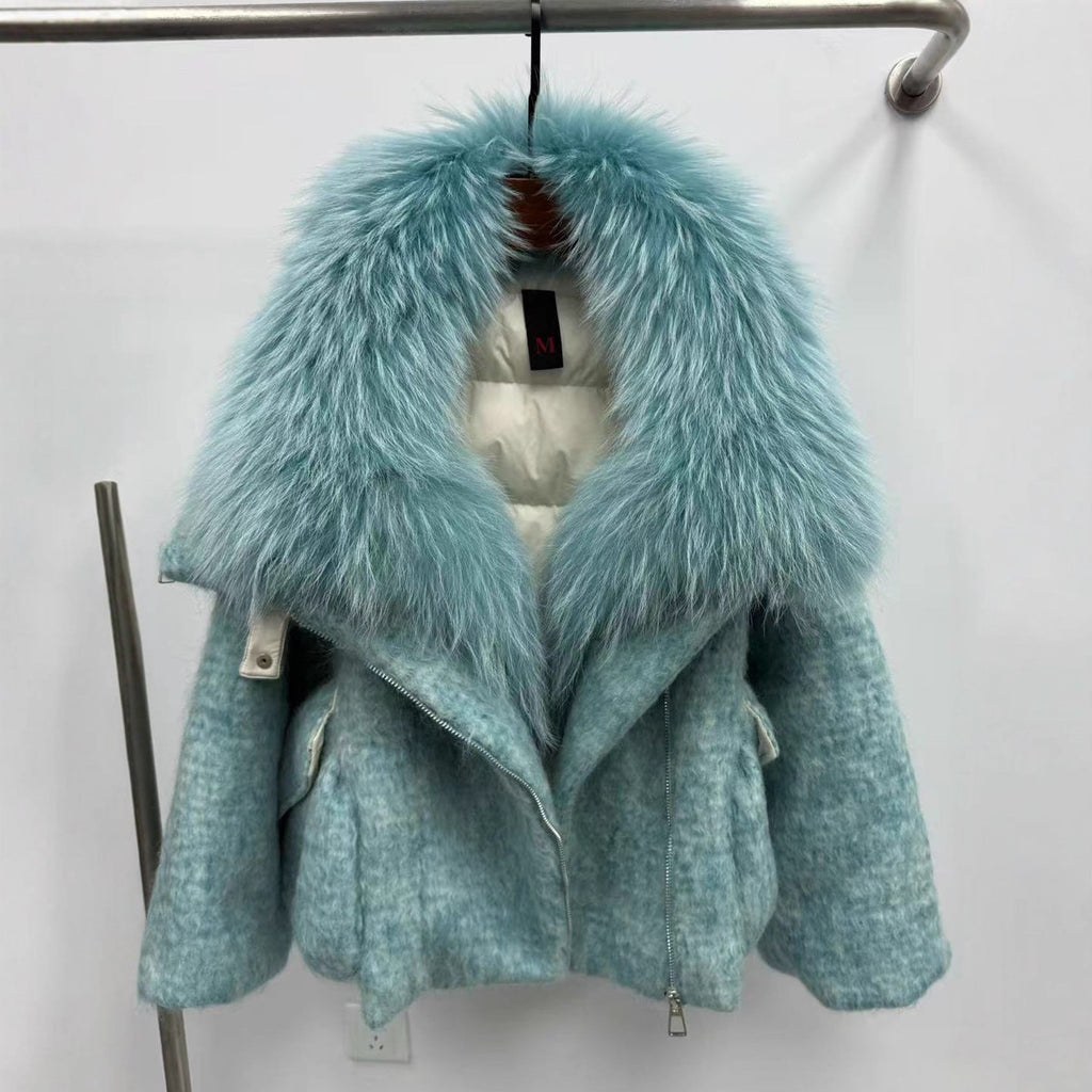 Doudoune femme avec luxueuse fourrure de cachemire et col en raton laveur pur - IVOIRART.COM