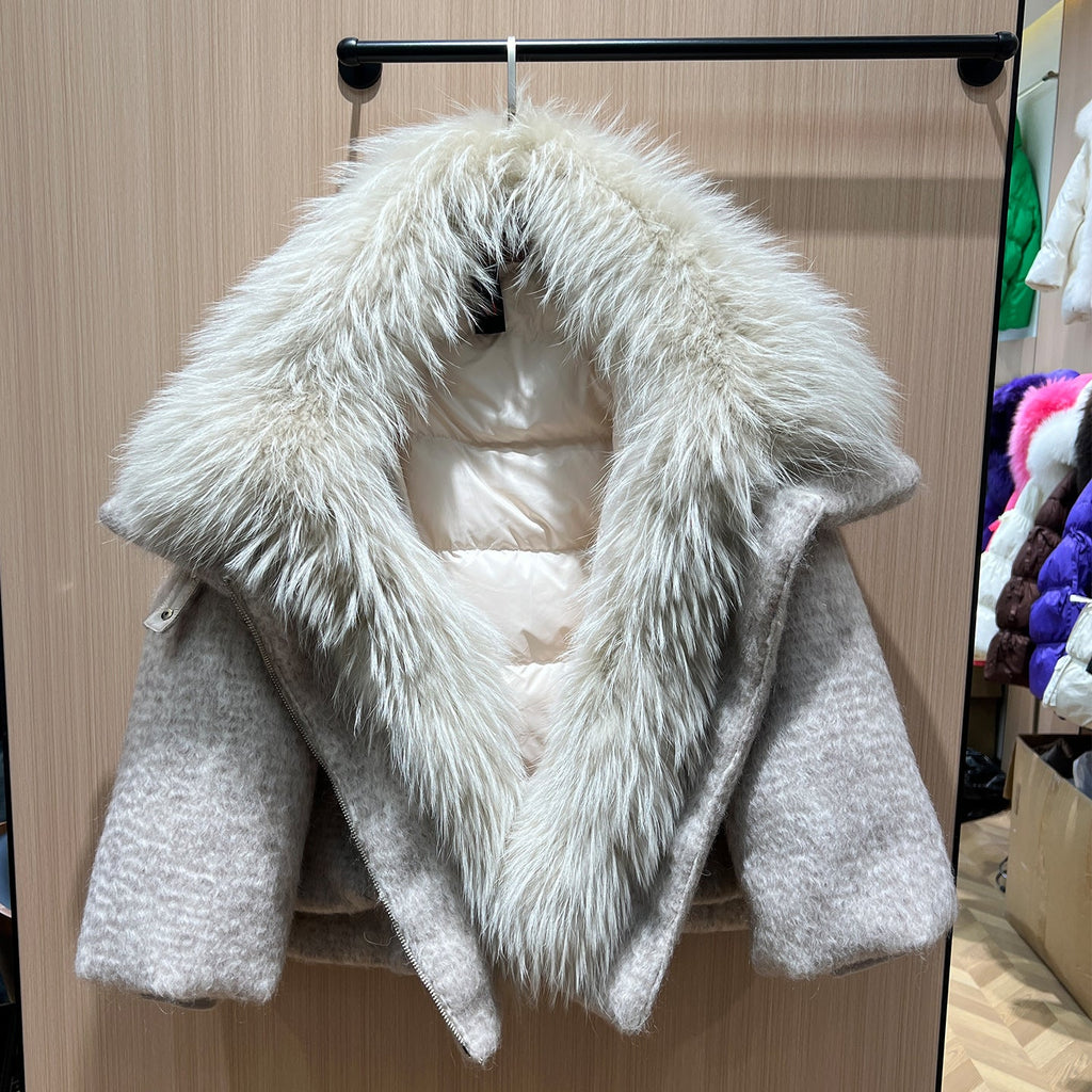 Doudoune femme avec luxueuse fourrure de cachemire et col en raton laveur pur - IVOIRART.COM