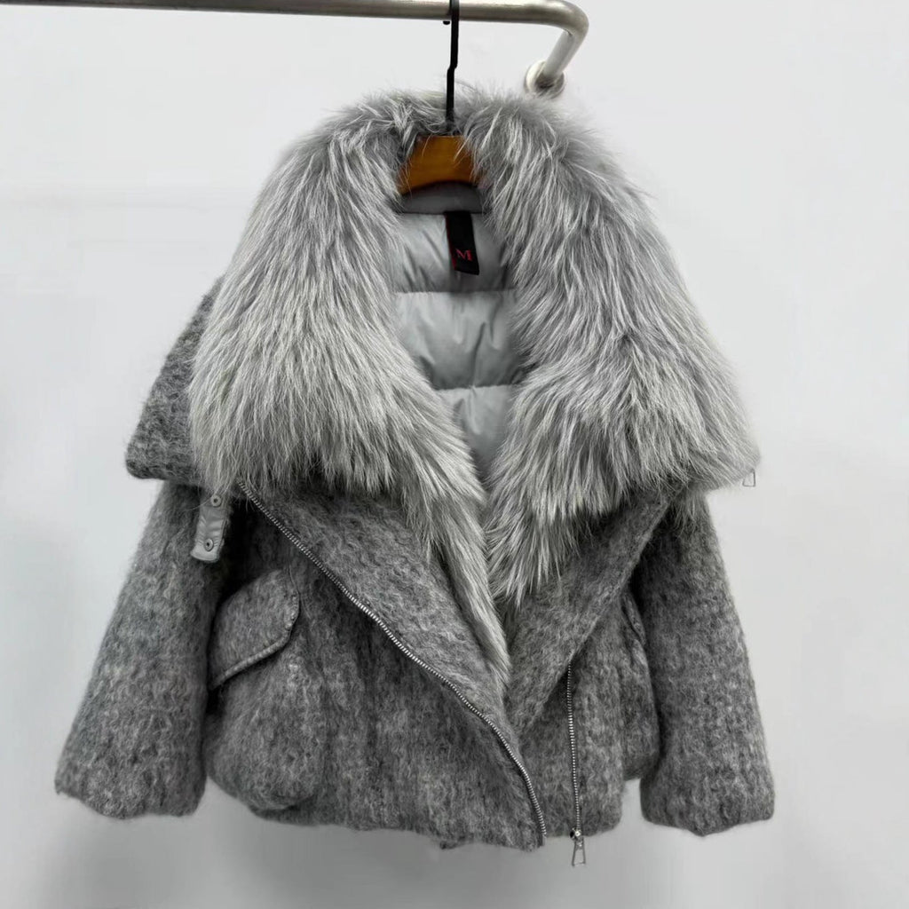 Doudoune femme avec luxueuse fourrure de cachemire et col en raton laveur pur - IVOIRART.COM