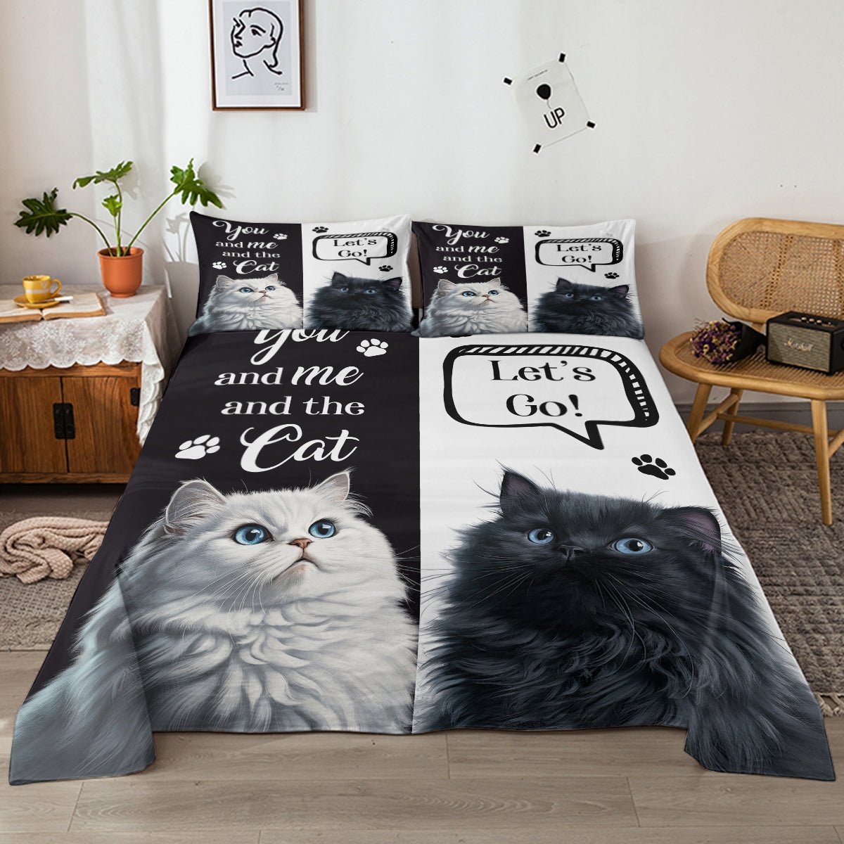 Draps Chat, Ensemble Joli Draps 4 pcs Noir Blanc, Linge de Lit Imprimé Animaux - IVOIRART.COM