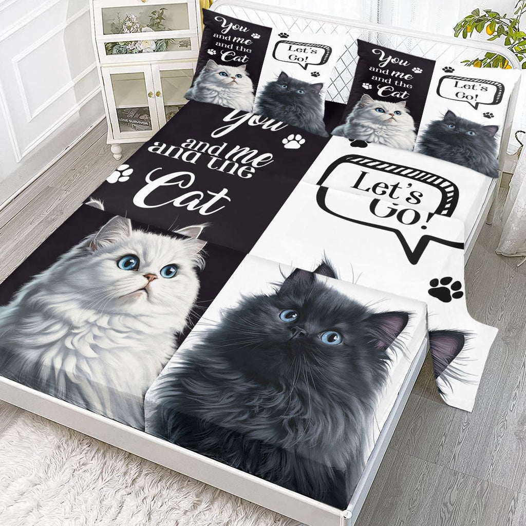 Draps Chat, Ensemble Joli Draps 4 pcs Noir Blanc, Linge de Lit Imprimé Animaux - IVOIRART.COM