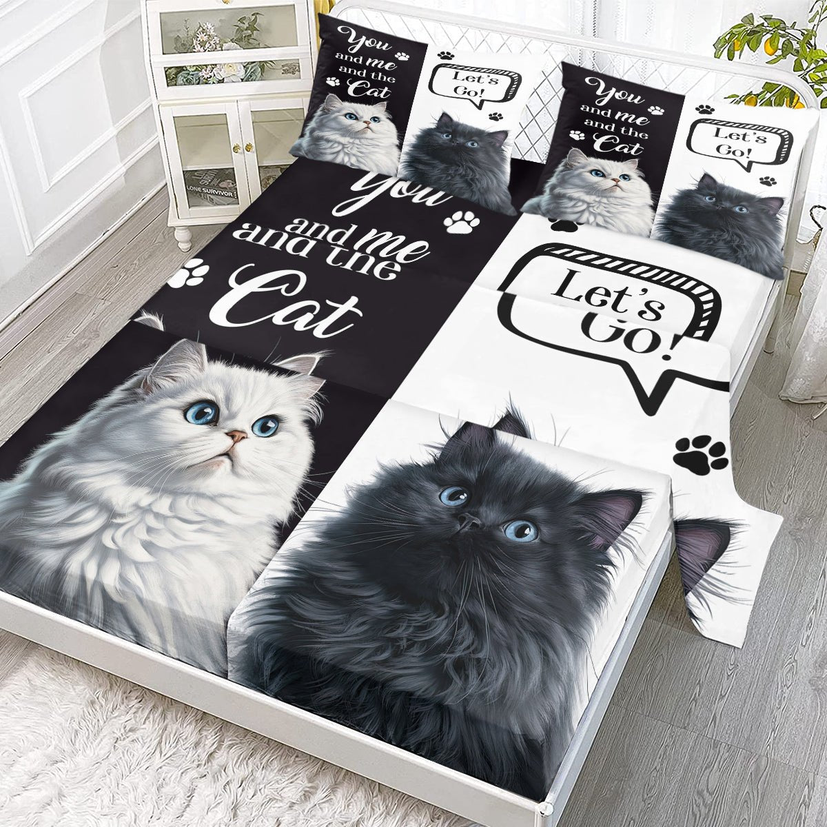Draps Chat, Ensemble Joli Draps 4 pcs Noir Blanc, Linge de Lit Imprimé Animaux - IVOIRART.COM