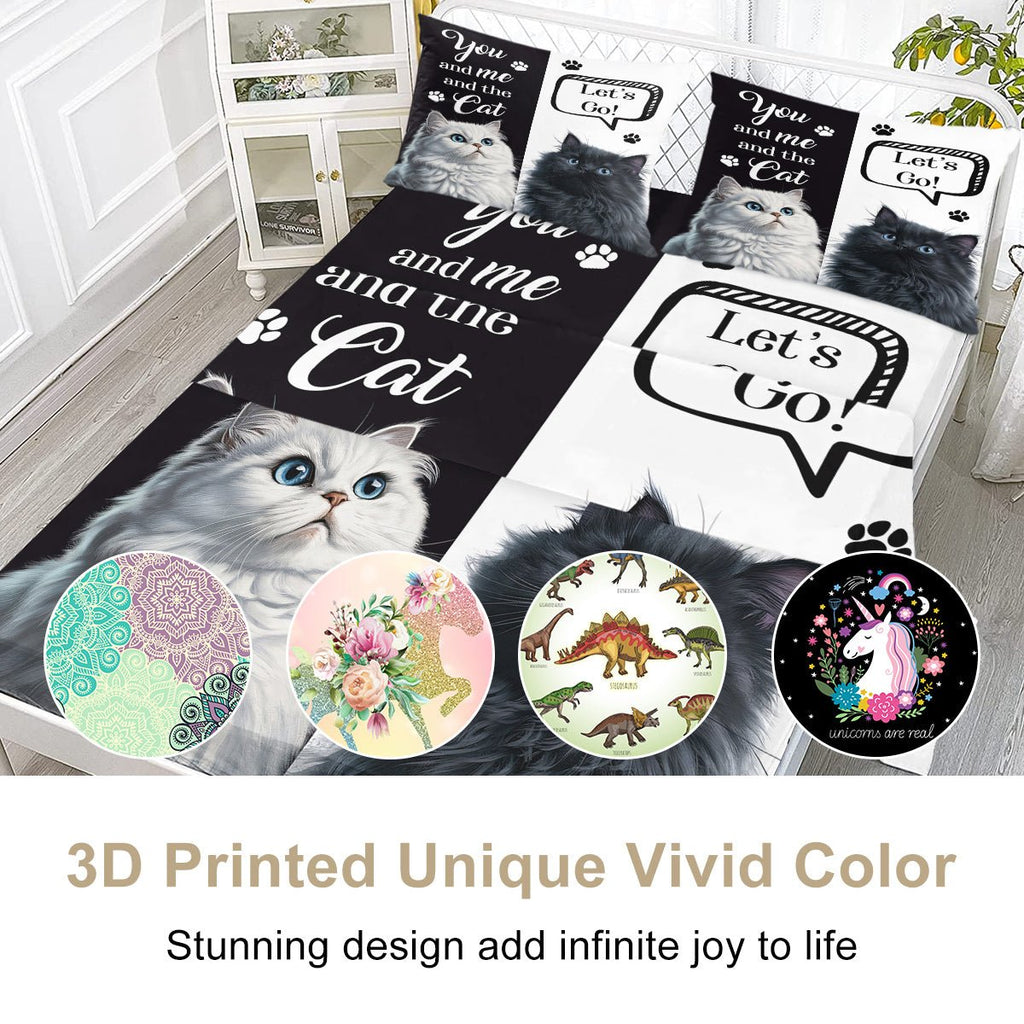 Draps Chat, Ensemble Joli Draps 4 pcs Noir Blanc, Linge de Lit Imprimé Animaux - IVOIRART.COM