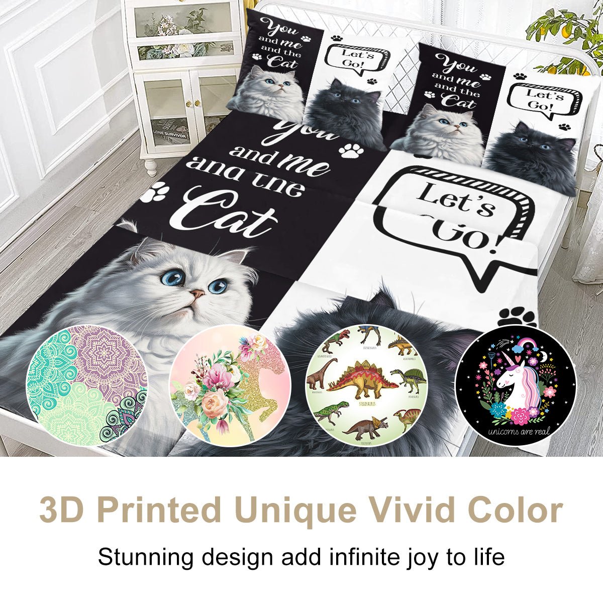 Draps Chat, Ensemble Joli Draps 4 pcs Noir Blanc, Linge de Lit Imprimé Animaux - IVOIRART.COM