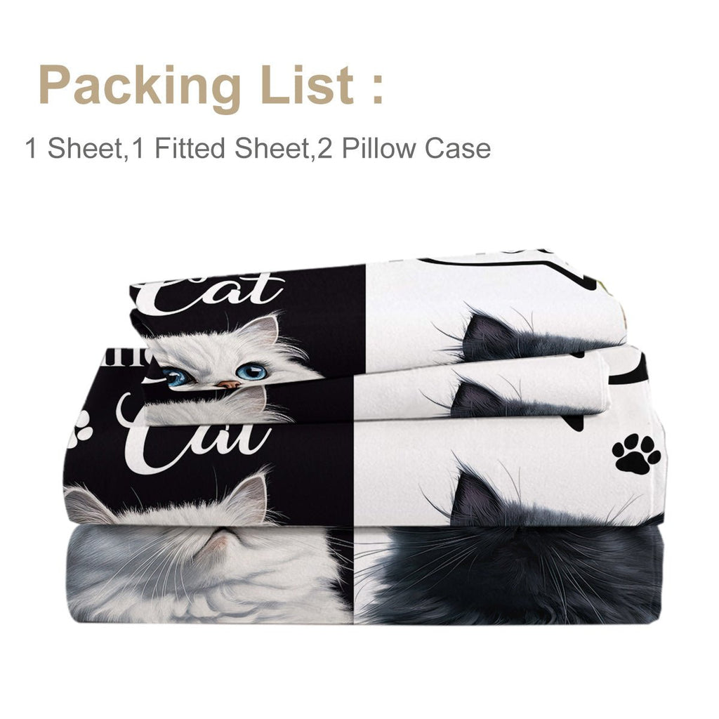 Draps Chat, Ensemble Joli Draps 4 pcs Noir Blanc, Linge de Lit Imprimé Animaux - IVOIRART.COM