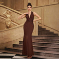 Robe de Soirée Sirène à Paillettes Marron avec Col Halter et Taille Plissée