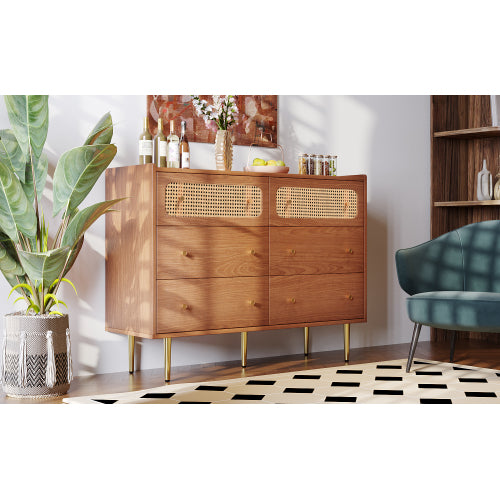 Rattan Sideboard Cabinet For Living Room, Chest Of Drawers With 6 Drawers, Walnut -40D X 120W X 90H Centimetres
