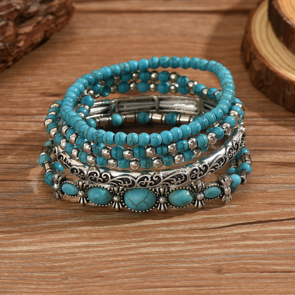 Ensemble de bracelets à perles et nœud — turquoise vintage, lot de 5