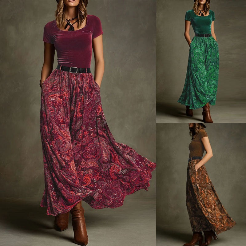 Jupe longue taille haute à imprimé cachemire bohème avec poches et taille élastique
