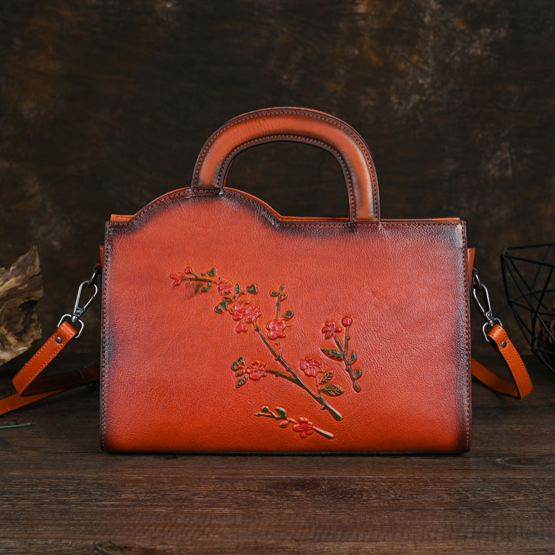 Sac Cabas Vintage à Bandoulière Grand Volume en Cuir Véritable Floral