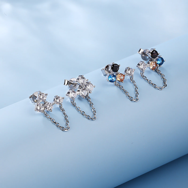 Boucles d'oreilles pendantes asymétriques en argent S925 avec zircon multicolore et pompon, bijoux polyvalents uniques pour femmes