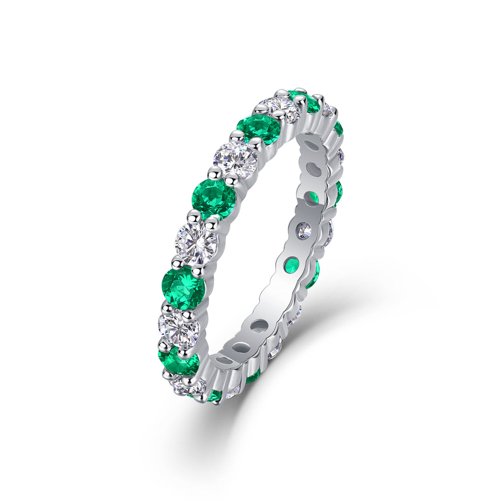 Bague d'Éternité 2,4g en Argent S925 Plaqué Platine, Pierres Vertes et Blanches Alternées