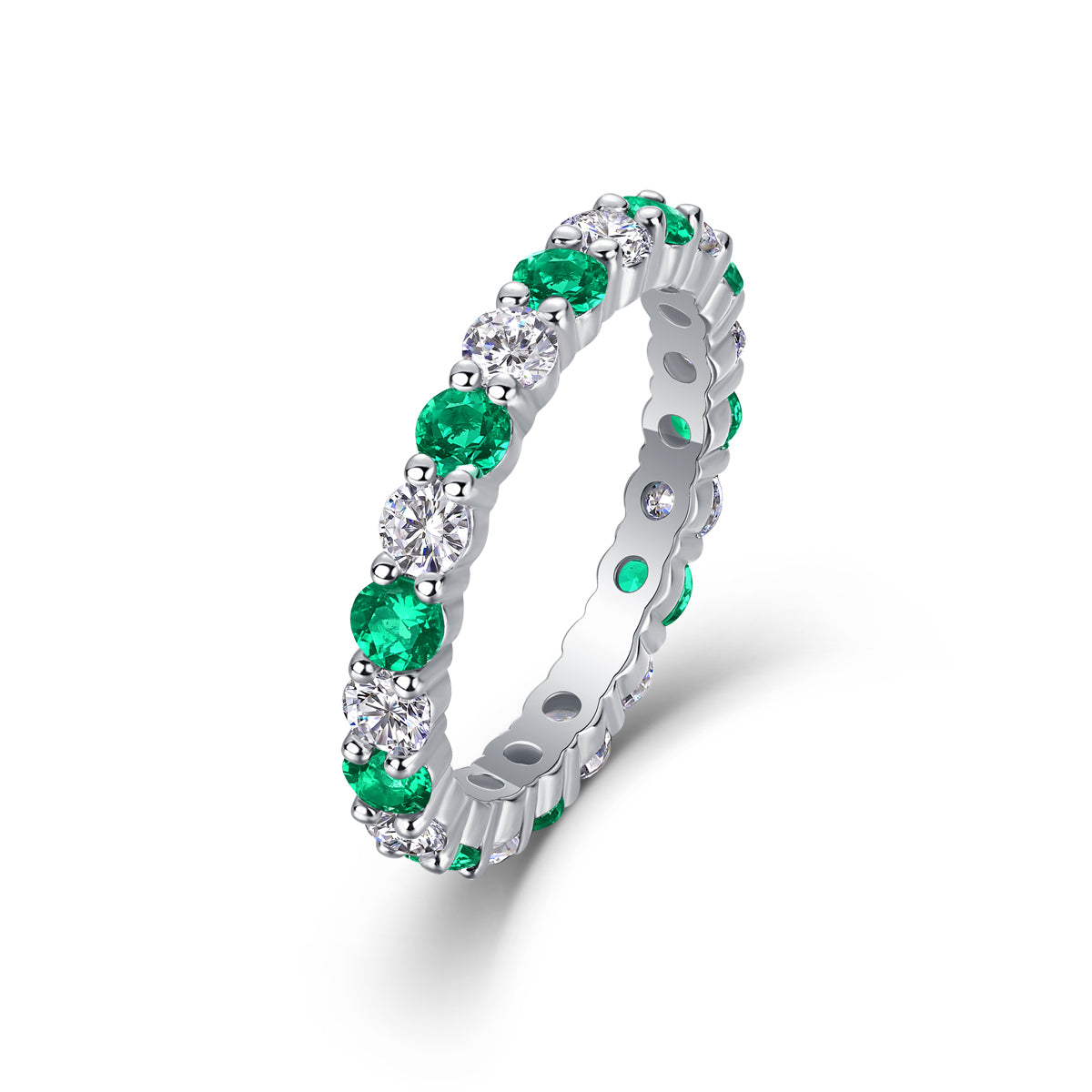 Bague d'Éternité 2,4g en Argent S925 Plaqué Platine, Pierres Vertes et Blanches Alternées