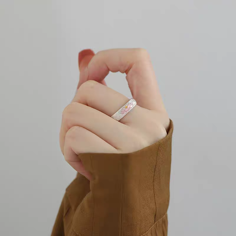 Bague Ouverte Lotus Peinte en Argent Sterling 999, Style Chinois Frais, Idéale Quotidien, Rendez-vous & Cadeau, Parfaite pour la Saint-Valentin